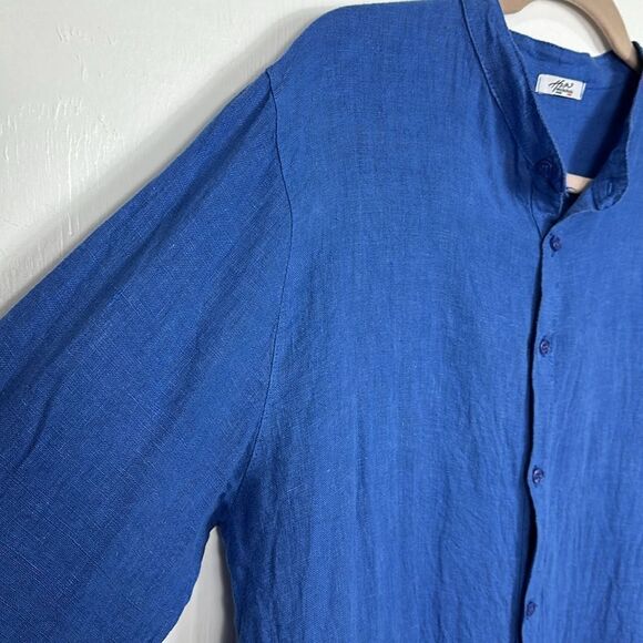 Moda Italia Linen Long Sleeve Band Collar Button Down Shirt In Blue Size XL - Picture 2 of 8